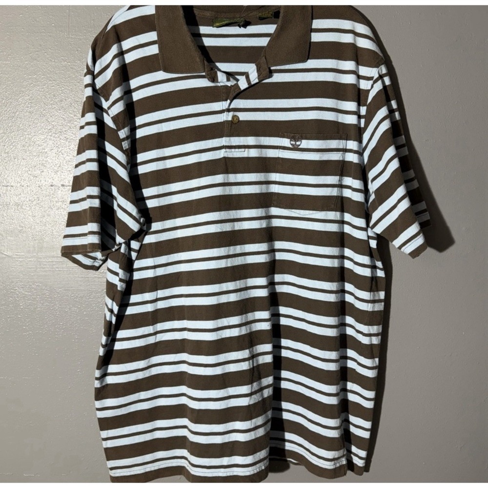 Vintage Timberland Weathergear Polo Shirt XL Brown Blue Striped Pocket Gorpcore